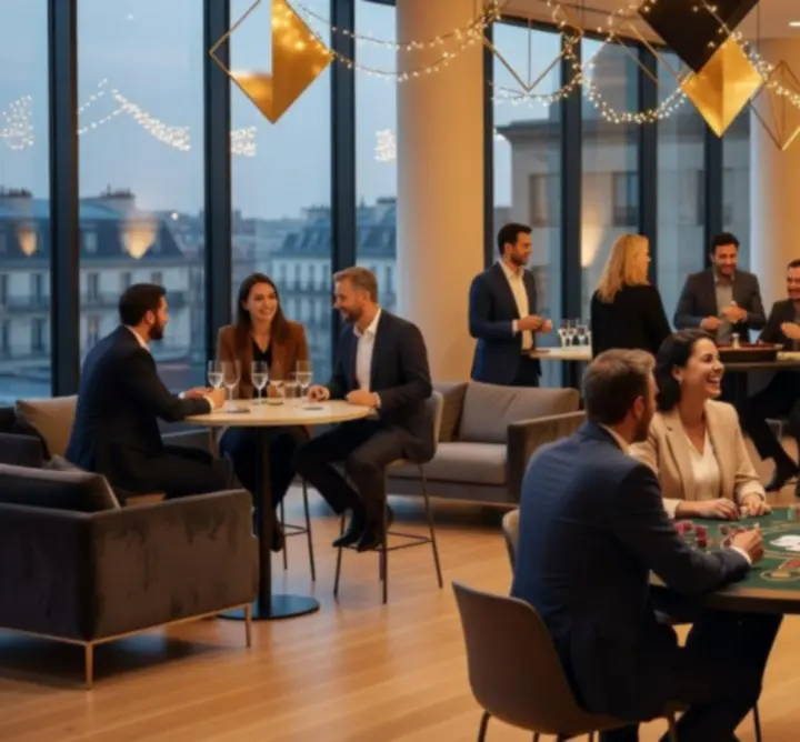 Ambiance chaleureuse lors d'un événement d'entreprise avec participants autour des tables