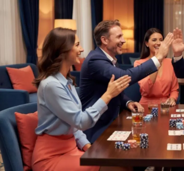 Vue d’ensemble d’un événement d’entreprise réussi avec animations ludiques et invités rassemblés autour des tables