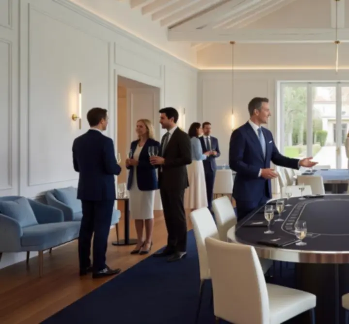 Ambiance de soirée d’entreprise avec tables de jeux récréatifs et invités souriants