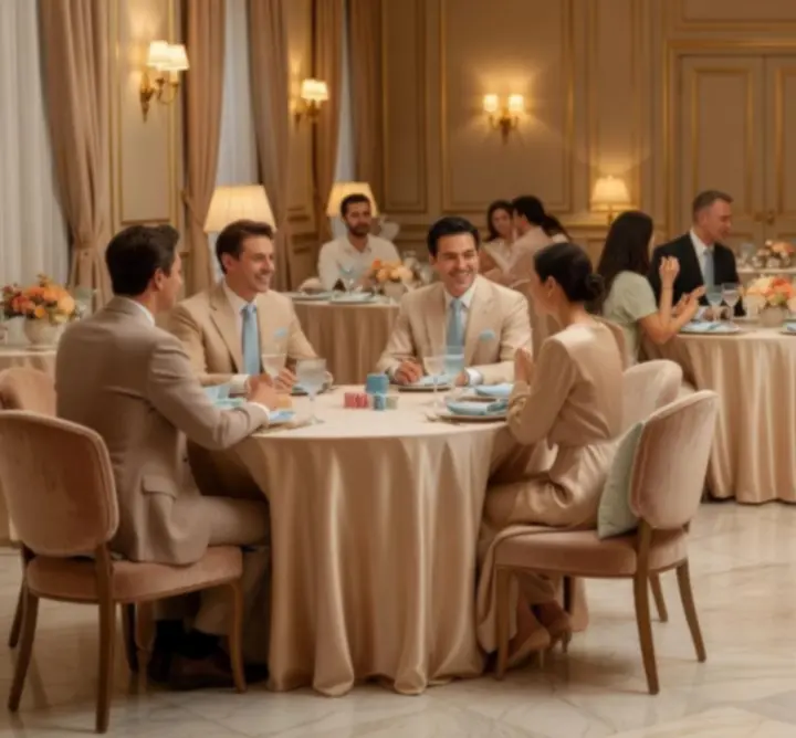 Scénographie élégante de soirée événementielle avec ambiance champagne et lumières pastel