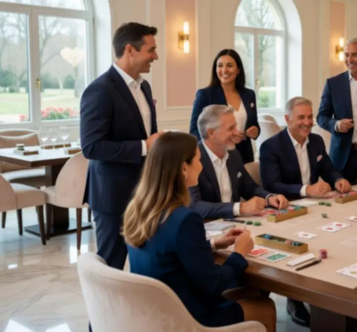 Groupe d’invités rassemblés autour de tables de jeux lors d’un événement récréatif offline
