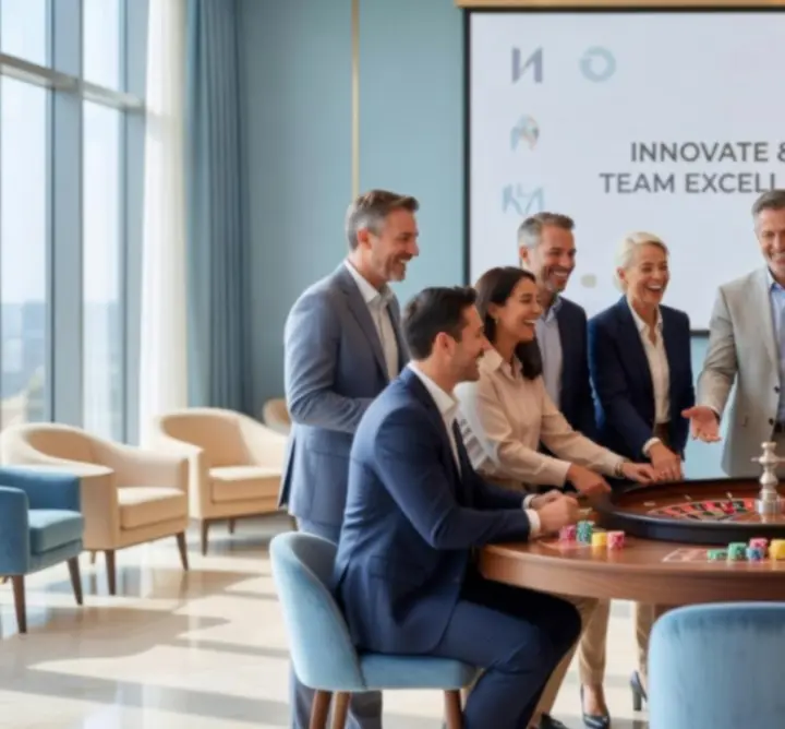 Ambiance d'équipe autour d'une table de roulette lors d'un événement